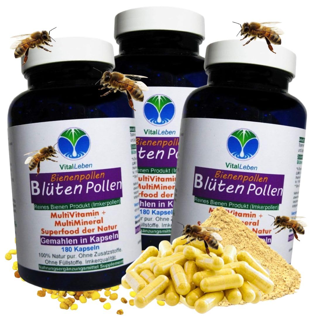 BLÜTENPOLLEN Bienenpollen 540 (3x180) Pulver Kapseln OHNE ZUSATZSTOFFE natürliche Vitamine Mineralien Antioxidantien. Imkerpollen, Imkerqualität. Kalt vermahlen. 100% NATUR pur. 27000-5