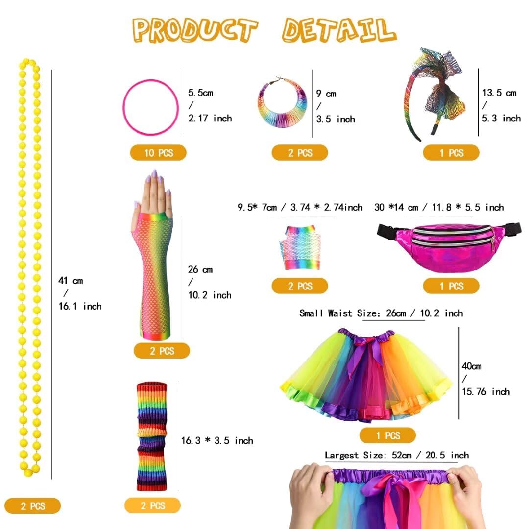 WILDPARTY 80s Fancy Dress For Women, Lip Print T-shirt, Tutu Skirt, Leg Warmers, Necklace, Fishnet Gloves, Earrings, Neon Costumes Accessories for Retro Theme Party Cosplay - Image 3