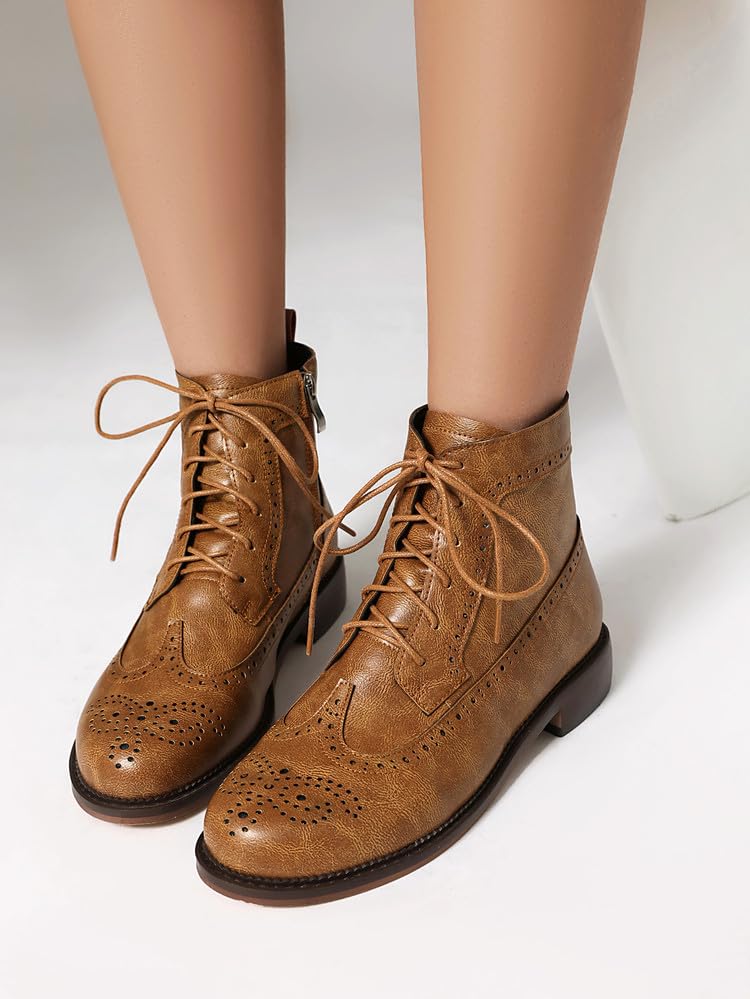 Low Heel Lace Up Combat Boots for Women Military Oxfords Low Heel Side Zipper Round Toe Brogue Ankle Boots3
