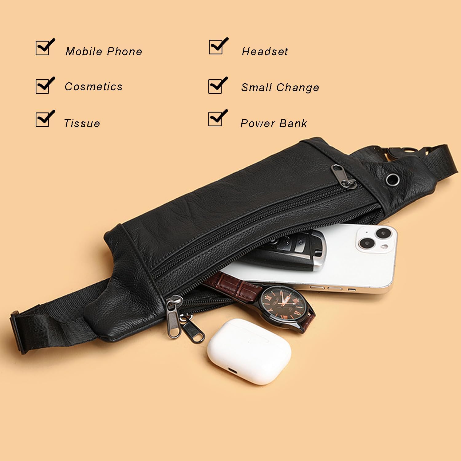 Leather Belt Bag,Black Belt Bag Mens Fanny Pack Crossbody 3-Zipper Pockets Phone Bag Fits All Phones Wallet Keys, Casual Hands-Free Waist Pack For Travel Workout Running Gifts - Image 4