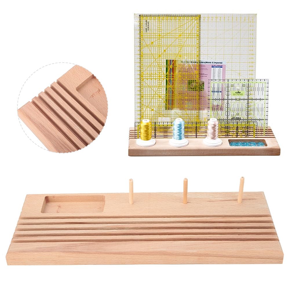 Herramienta de costura DIY, estante de regla de madera, soporte, organizador de almacenamiento con bobinas, soporte para carrete