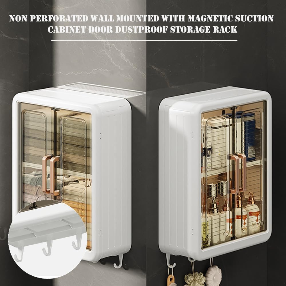 Dhruman Wall Mounted Bathroom Cabinet Organizer with Doors | No Drill Adhesive Hanging Storage Rack with Shelves & Hooks | Waterproof Plastic Bathroom Shelf for Shampoo, Skincare, Towels & Razor 2