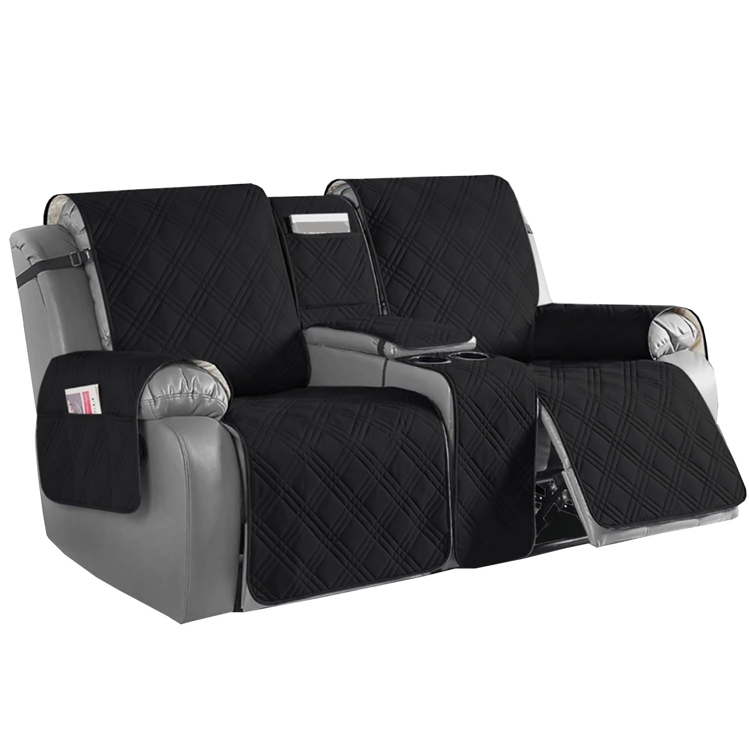 JORTUIO 2 Seater Loveseat Recliner Cover with Center Console, Waterproof Pet Cover for Dual Recliner with Straps Design, Split Reclining Loveseat Covers Furniture Pet Protector(Black)