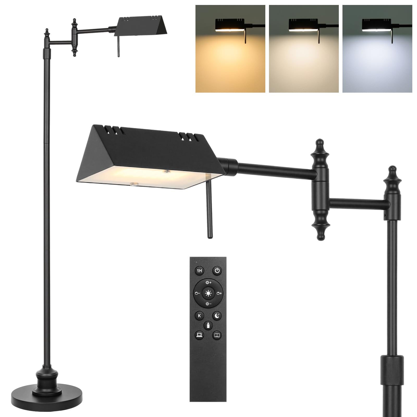 Photo 1 of Bairth Dimmable Pharmacy Floor Lamp with Remote, 17W LED Reading Floor Lamp with 360°Swing Arm, 3 Color Temperature, Height Adjustable Black Standing Task Lamp for Living Room, Bedroom, Black