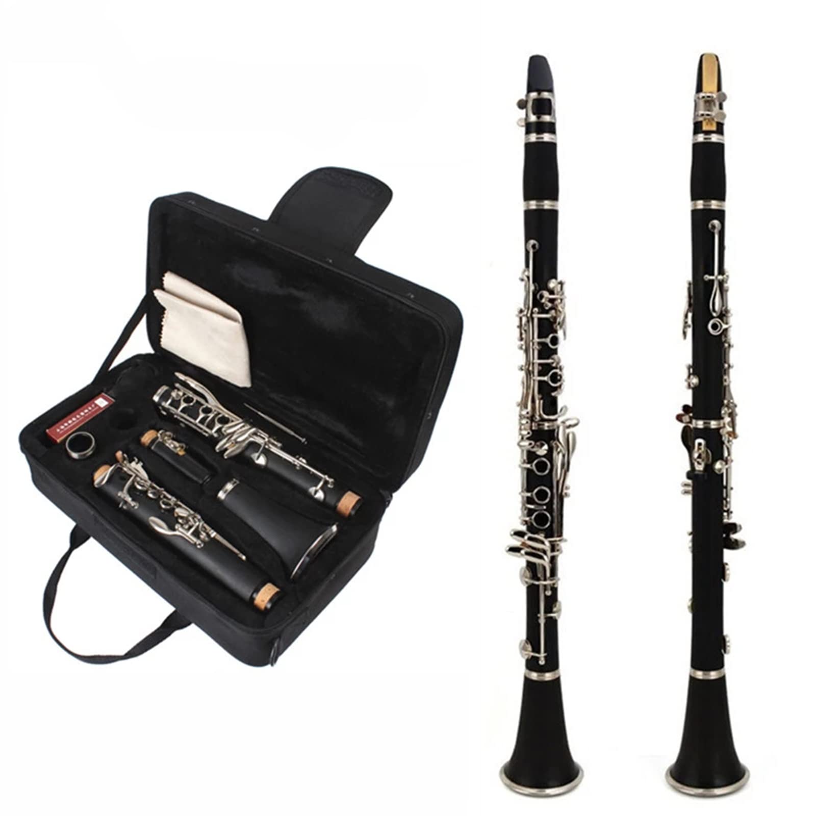 SUZLAB Flat Clarinet for Beginner Kid and Adult, 17 Key Clarinet Nickel-plated Woodwind Band and Orchestra Musical Instruments with 2 Mouthpieces Connector, Reeds, Cleaning Kit