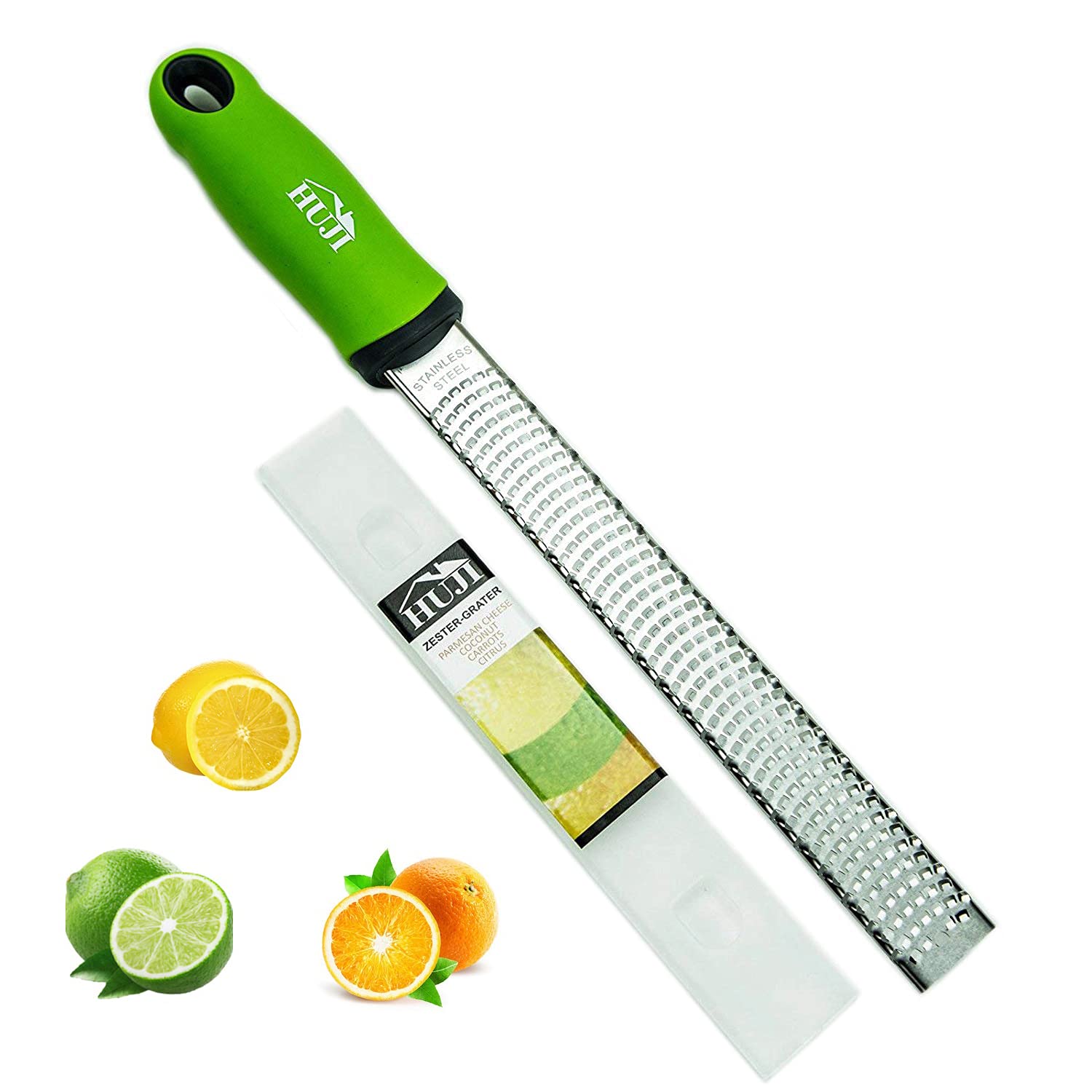 HujiCitrus Zester and Grater: Lemon, Ginger, Garlic, Truffle, Cheese - Razor Sharp Stainless Steel Blades With Protective Cover - Dishwasher Safe