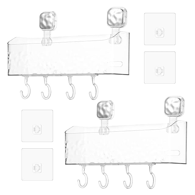 blackonvlm 2 Pcs Adhesive Shower Caddy Plastic Bath Toy Storage Holder for Bathtub No Drilling Shelves Clear Bath