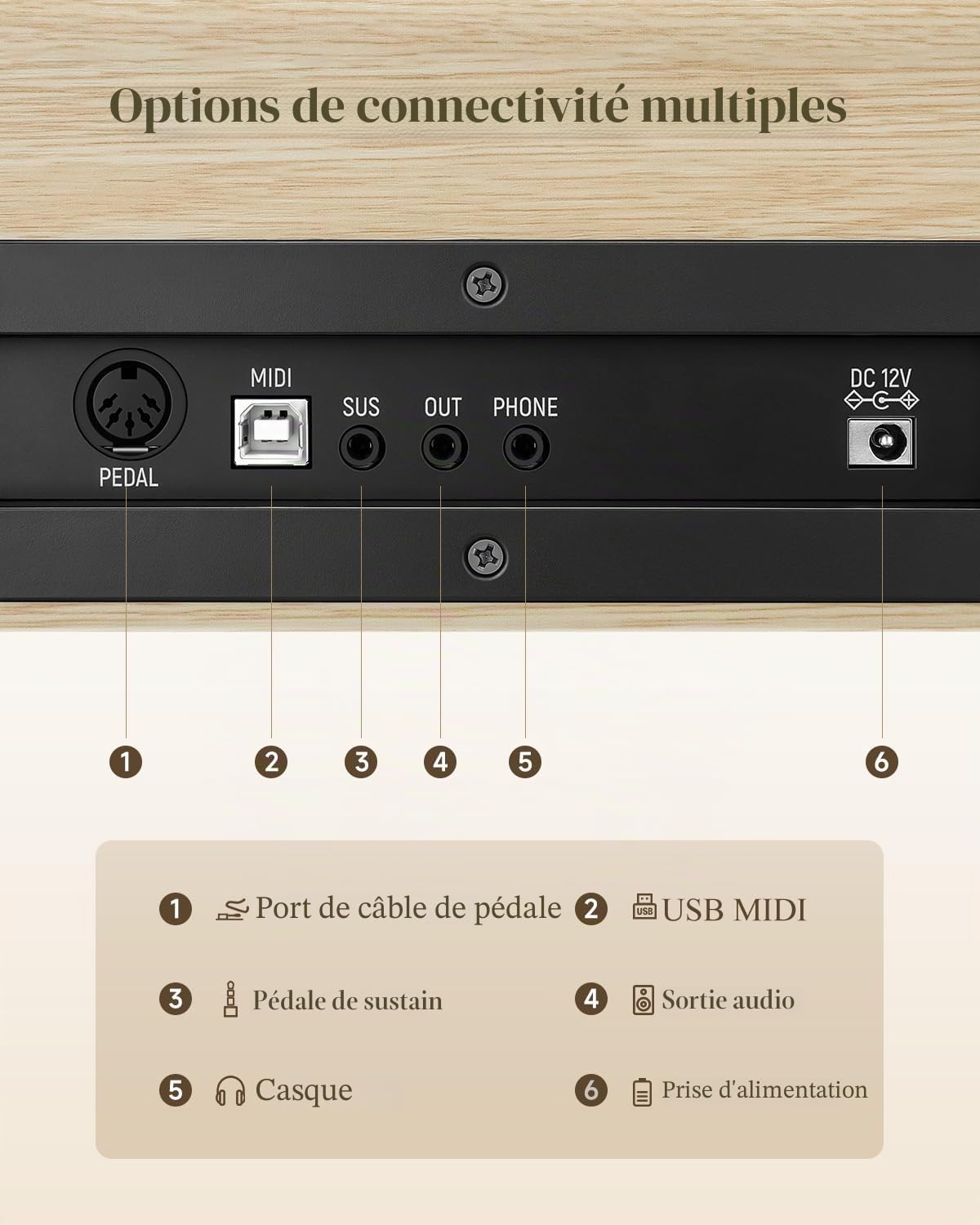Eastar EUP-110 Piano Numérique 88 Touches Lestées, Piano Électrique Domestique pour Débutant, avec Casque, Autocollants Musicaux, Écran, 3 Pédales, Connexion Sans Fil, Enregistrement - Bois Clair
