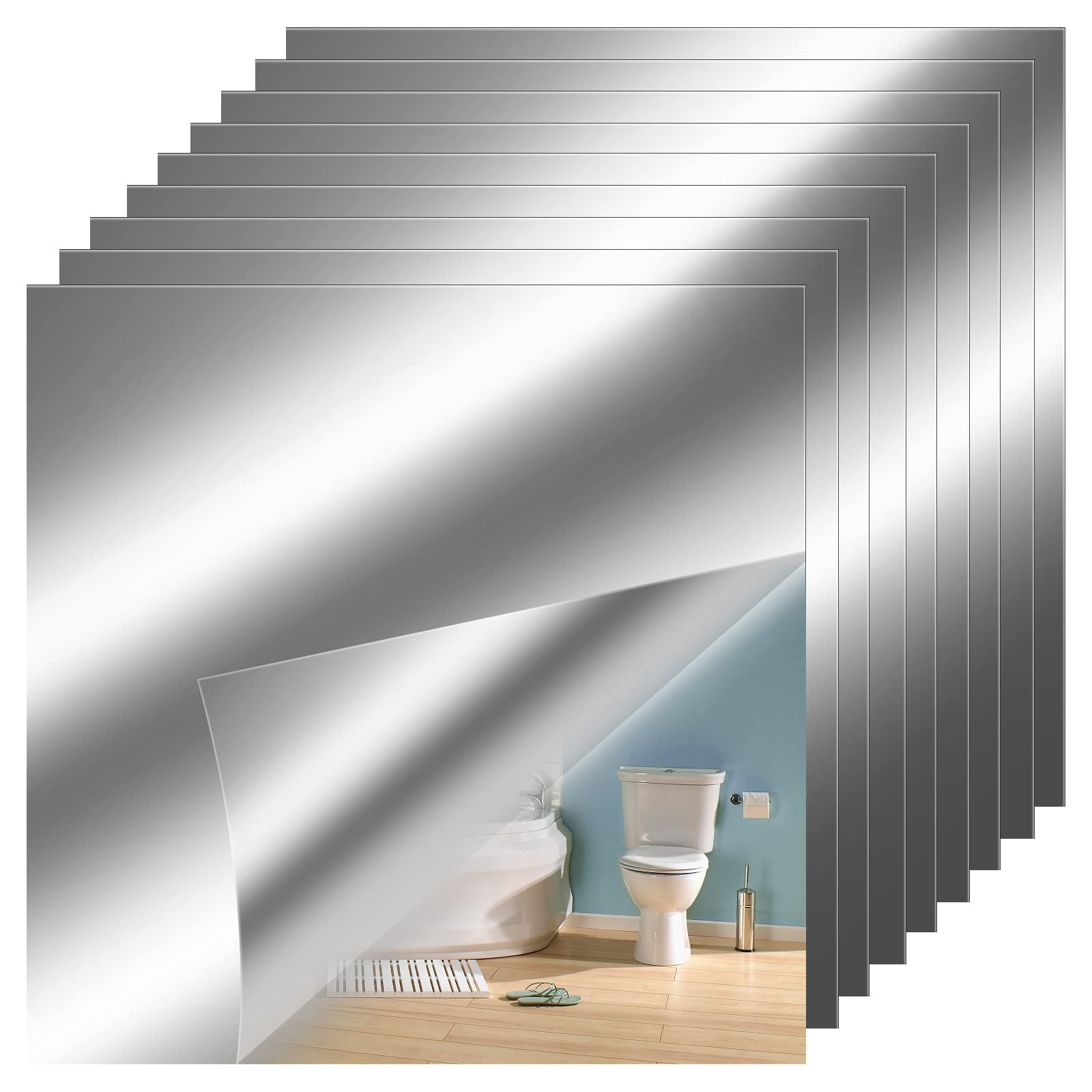 QESSUVNC 9 Stücke Spiegelfolie Selbstklebend Spiegel, Flexibler Klebespiegel Nicht Glas Spiegelfliesen Selbstklebend Fliesenspiegel Wandaufkleber für DIY Hause Badezimmer Wanddekoration (6 x 6 Zoll)