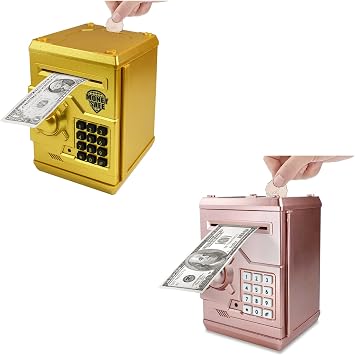 Piggy Bank Electronic Mini ATM for Kids Baby Toy, Safe Coin Banks Money Saving Box Password Code Lock for Children,Boys Girls Best Gift Rose Gold + Gold