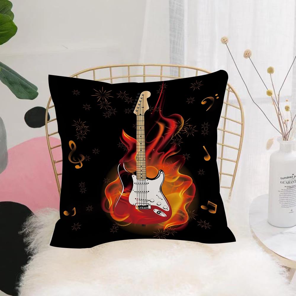 HYOSXW Cushion Cover,Throw Pillow Case Home Decorative for Living Room Bedroom Sofa Chair 16X16 Inch,Guitar, electric guitar wrapped in flames,twining notes,Pillowcase 40X40cm