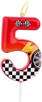 Vista 9 de Vela de cumpleaños con temática de autos de carreras, vela con número de auto de carreras, rueda a cuadros rojos, negros y blancos, decoración