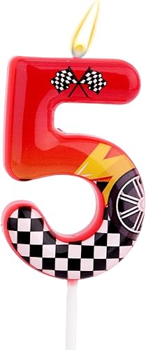 Miniatura 9 de Vela de cumpleaños con temática de autos de carreras, vela con número de auto de carreras, rueda a cuadros rojos, negros y blancos, decoración