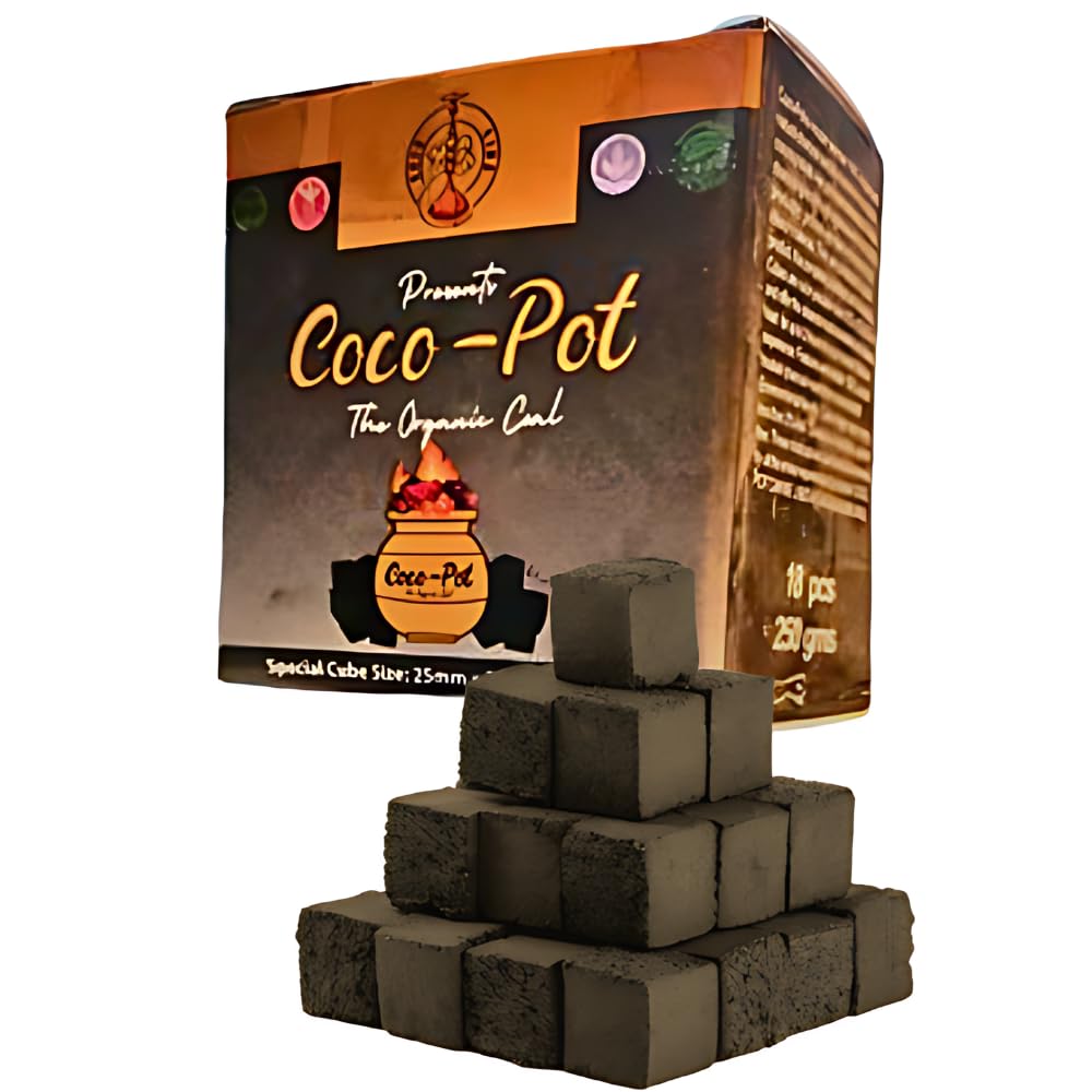 Coco Pot Coconut Shell Charcoal, 100% Natural Coal Cubes for Shisha, Hookah, Bakhoor, Incense, BBQ - Long-Lasting, Low Smoke, Odorless Briquettes, Sheesha Charcoal Cubes, 25mm (18 Pcs)