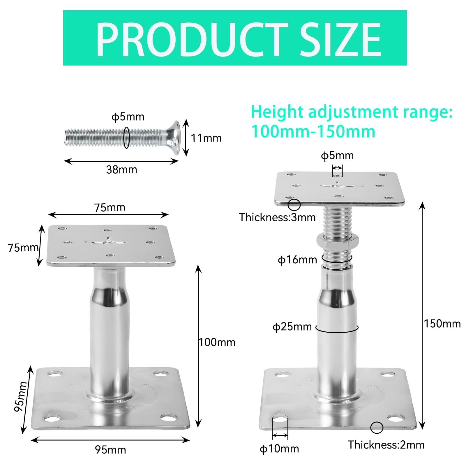8 Piezas Soportes Para Postes Altura Ajustable 90-140mm, Pie de soporte de acero galvanizado con tornillos, Hormigón terrazas vallas cenadores jardín