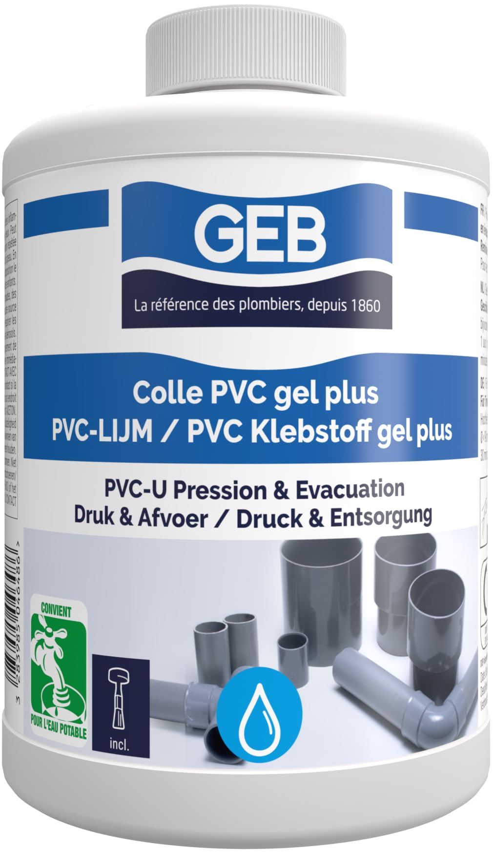 GEB - Pegamento de gel para PVC rígido a presión y evacuación de contacto con agua potable (1 L)