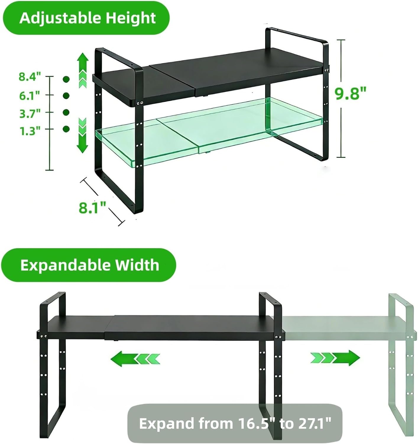 Expandable Cabinet Storage Shelf Stackable Organizer Rack for Kitchen Bathroom Pantry Spice Cupboard Countertop Home Office Desk Heavy Duty Nonslip Black Small 1 PACK - Image 3