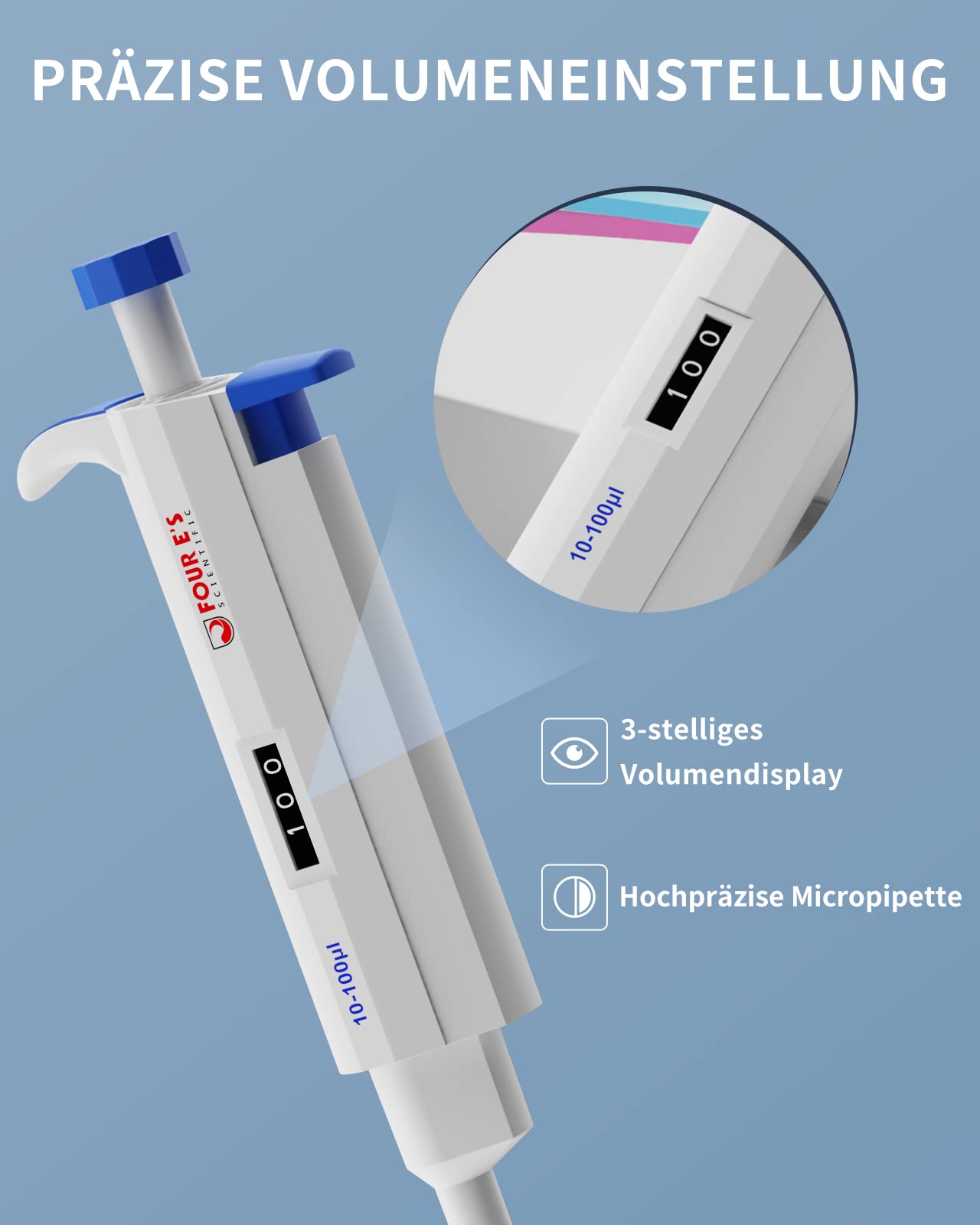 10-100µl micropipeta pipeta de laboratorio Pipetas monocanal de laboratorio ajustable autoclavable incremento 1µl 10-100uL