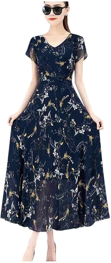 Zaveiop ワンピース レディース 半袖 夏 ドレス 花柄ワンピース ゆめかわいい Vネック プリント Aライン マキシワンピース レトロ ウェストリボン ロング カクテルドレス ビーチウェア きれいめ シンプル 日常 結婚式 二次会 お出かけ