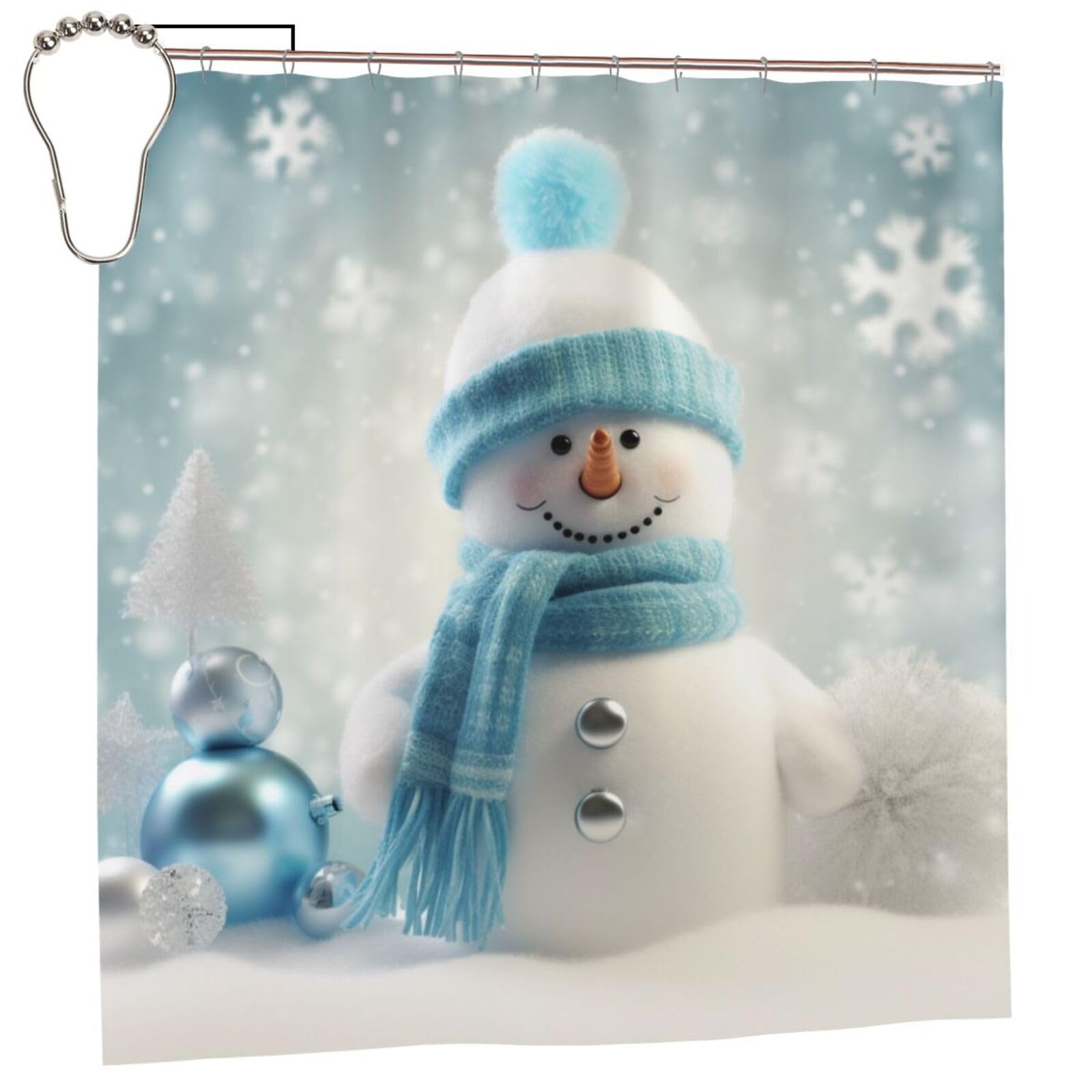 BWWHCCTI Happy Snowman Printed Shower Curtain With 12 Iron Hooks Opaque Quick Drying Waterproof Shower Curtains Sets For Bathroom 183x183 CM