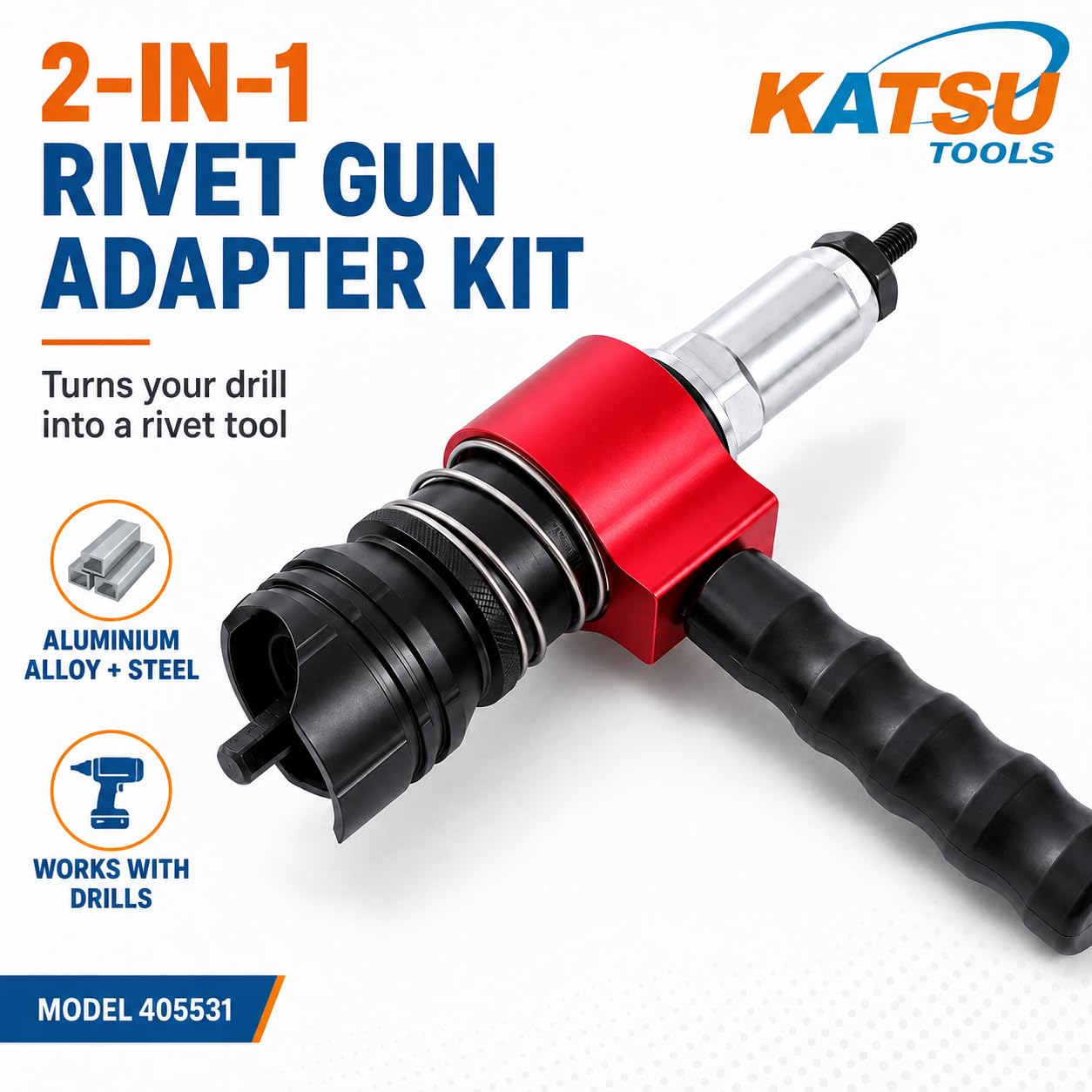 KATSU Tools Accesorio de tuerca remachadora, kit adaptador de pistola de remache multifunción 2 en 1, herramienta de remachado para taladros eléctricos inalámbricos, modelo 405531
