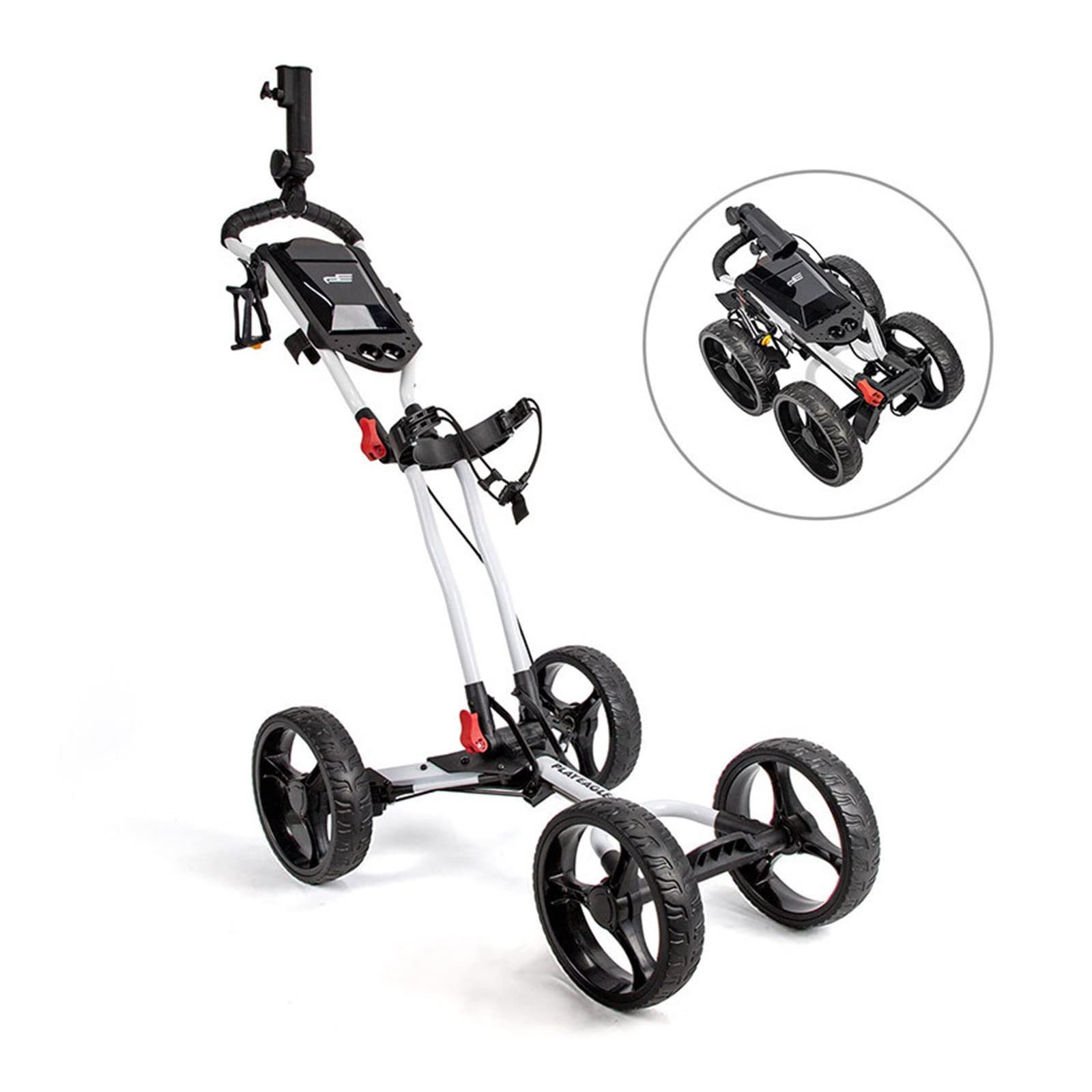 AmAzwi Golfzubehör Golfzubehör Faltbarer 4-Rad-Golftrolley-Taschen-Pull-Push-Wagen mit Flaschenschirmständer-Caddy für drinnen und draußen