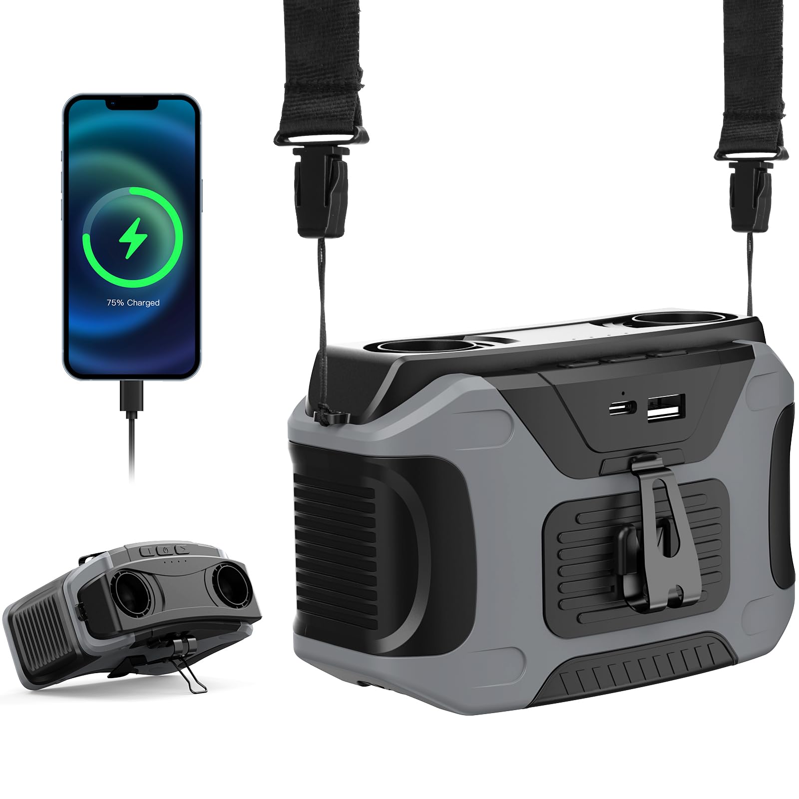 Ventilatore portatile ricaricabile 20000mAh con clip da cintura, autonomia di 40 ore, doppio flusso d'aria regolabile in 5 velocità, design hands-free, ideale per campeggio e attività all'aperto