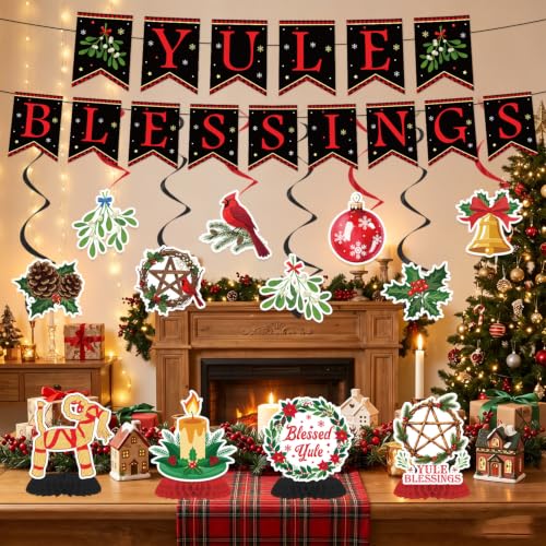 Image of Yule Blessing Winter Solstice Banner Swirl Hanging Decorations 14pc