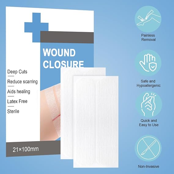 Sterile Skin Wound Closure Strips 44 Strips in 22 Packs Reinforced Design for Superficial Cuts and Incisions, 21x100mm