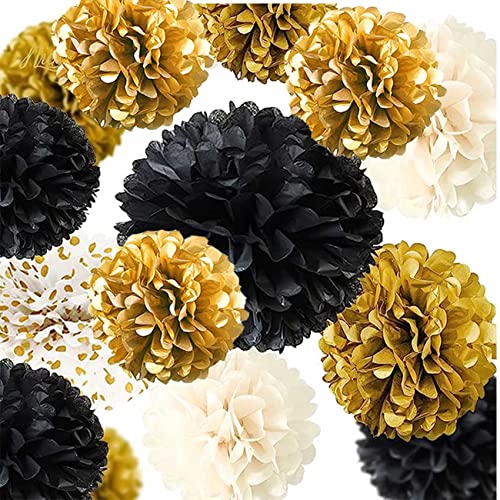 Image of XIKSXITN 12 pc Black Gold Gradient Tissue Paper Pompoms-Hanging Gold Dot White Paper Pom Poms Paper Flowers Ball for Party Decorative(8&10&12 inch)
