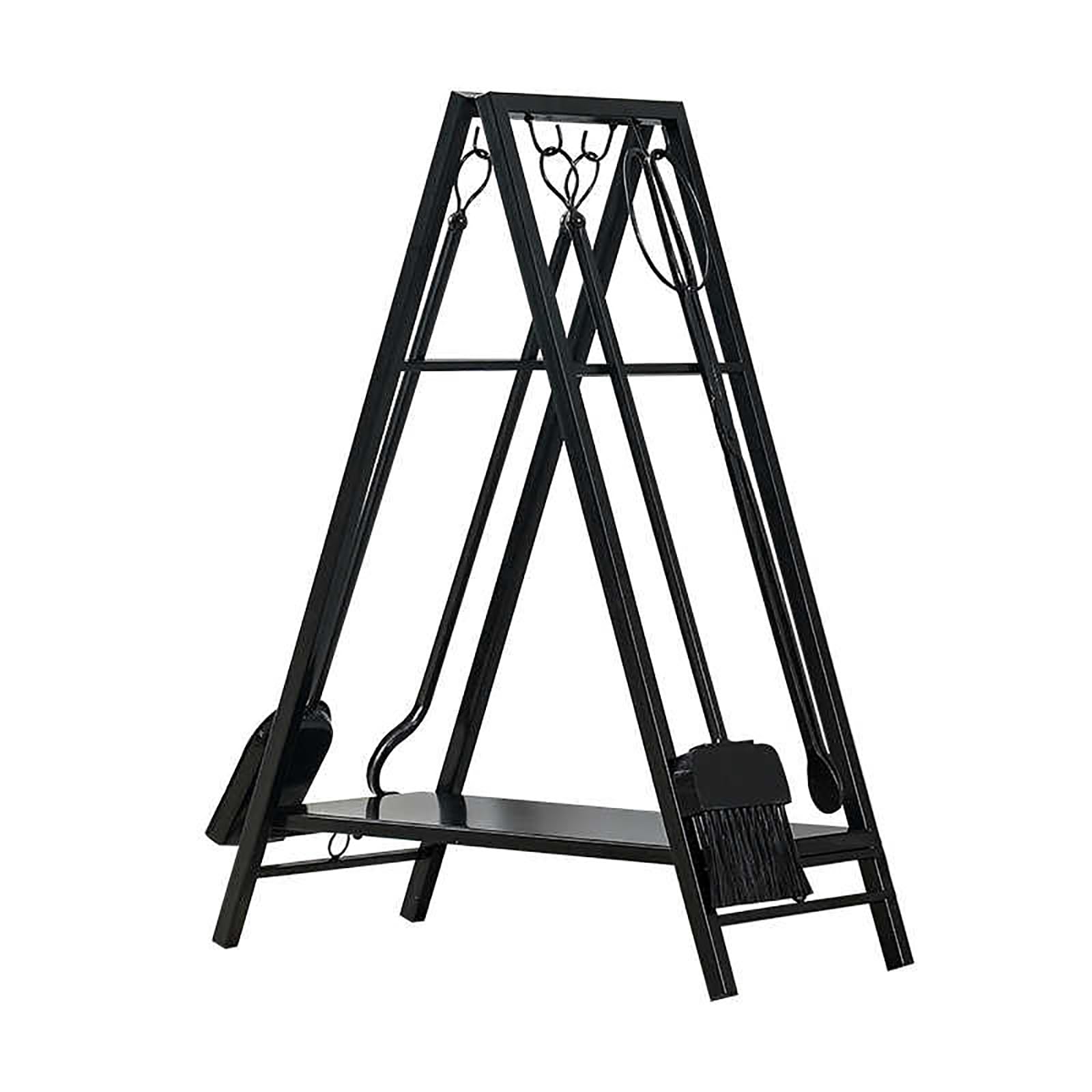 Set di attrezzi per camino, 5 pezzi di attrezzi per camino con manico dorato, set completo di attrezzi per camino in ferro battuto e supporto per camino da esterno, include supporto per braciere, pin