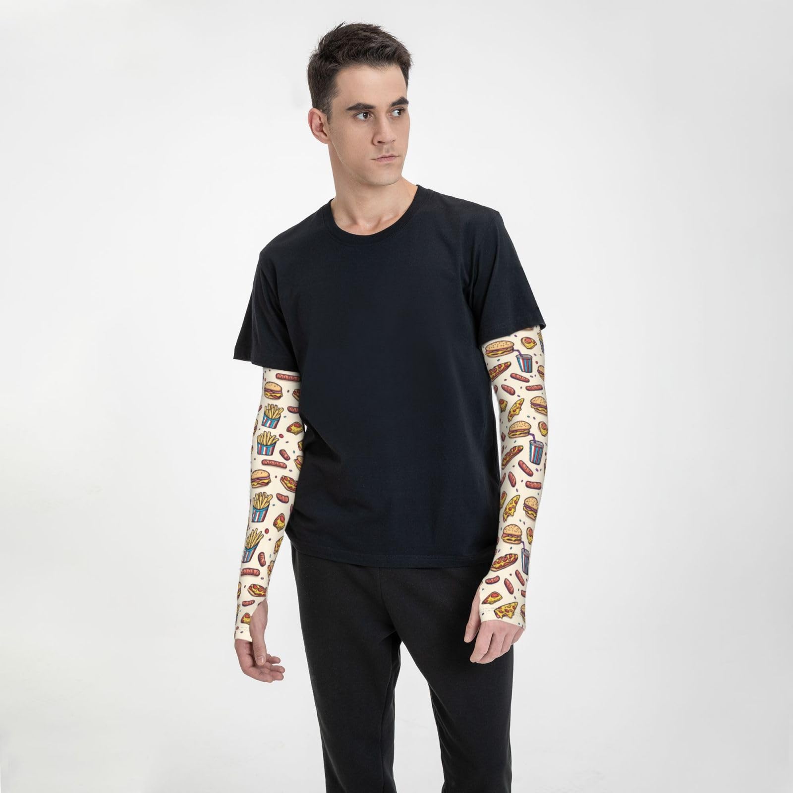 Manchons de bras imprimés pour hamburger, pizza, frites, pour homme et femme, protection solaire, manches rafraîchissantes pour bras de volleyball