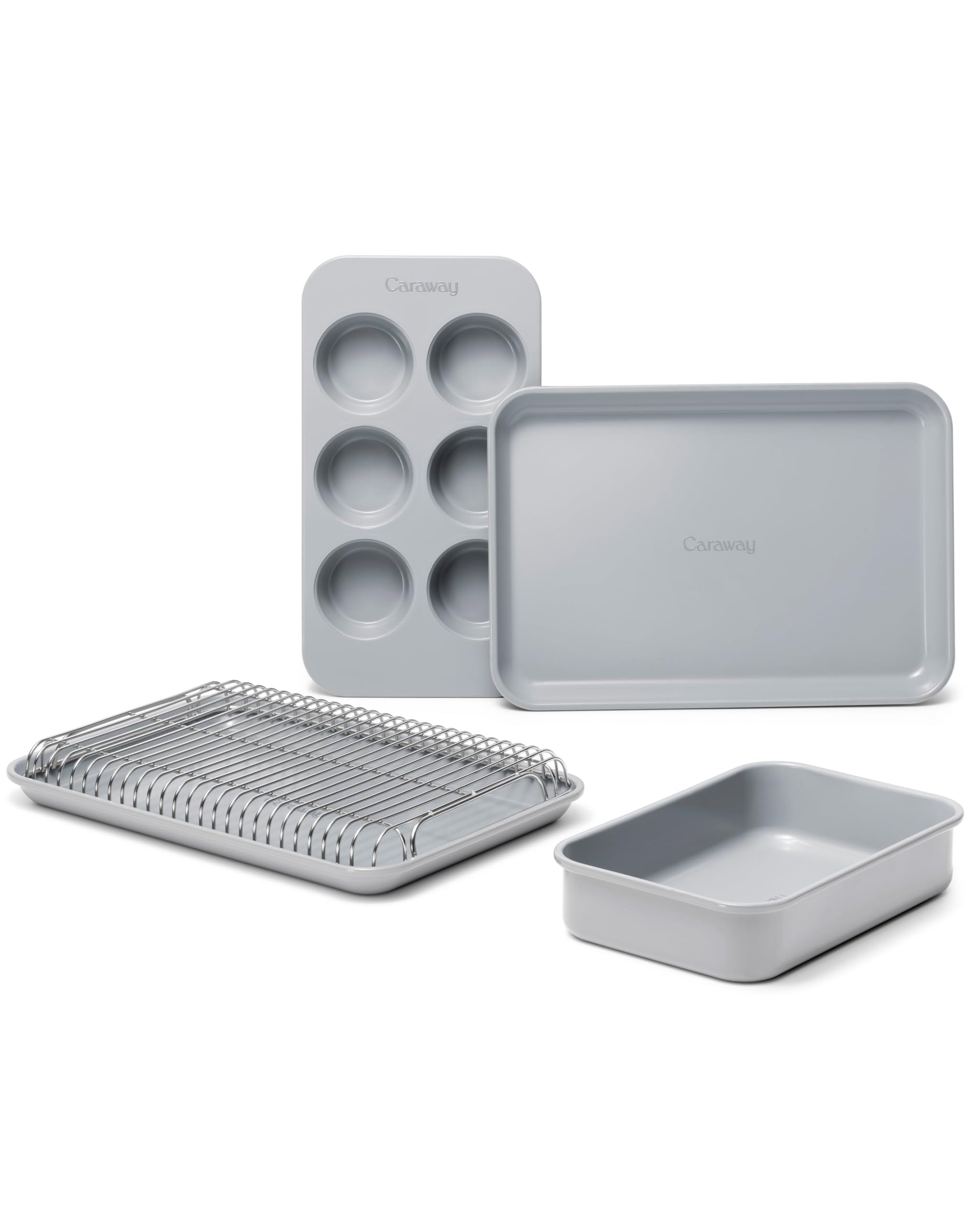 Caraway Mini Bakeware Set – Naturally Non-Stick, Non-Toxic Ceramic Coating – Compact Baking Pans Set for Small Kitchens & Ovens – Includes Baking Sheets, Muffin Pan, Cooling Rack & Storage - Gray