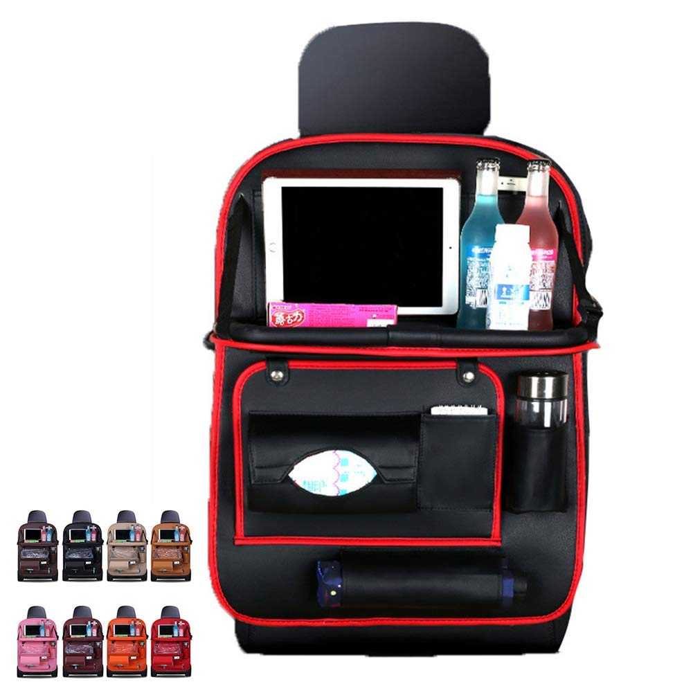 Organizador Del Asiento Automóvil, Organizador De Accesorios De Viaje En Automóvil De Cuero De La PU, Con Bandeja Plegable Y Bote De Basura, Alfombrillas Protectoras Del Asiento Trasero,Black red