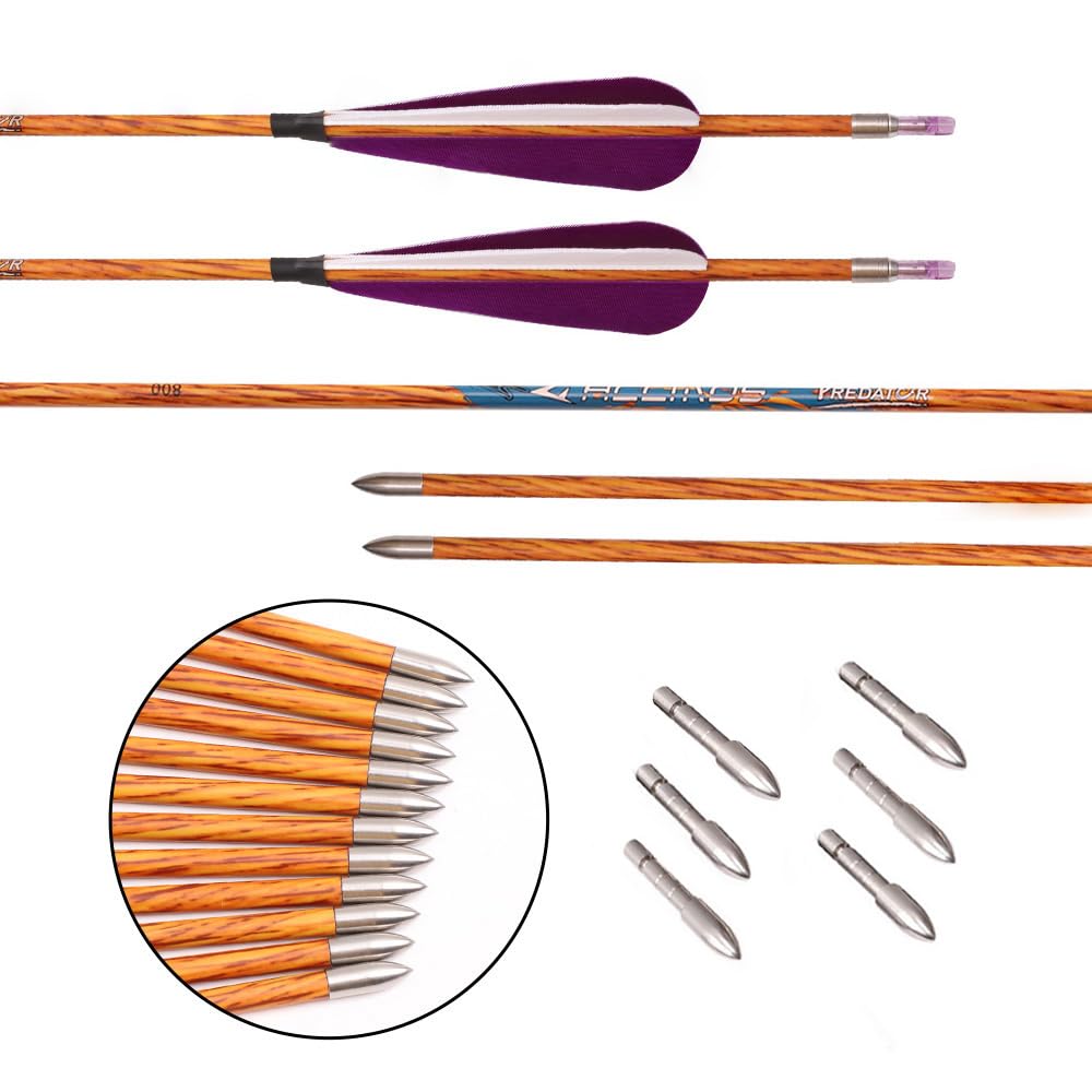 12 Pezzi Viola Bianco Piuma Frecce da Caccia Spine 500 600 700 800 900 1000 Simile al Legno Freccia con Albero in Carbonio ID 4,2 mm per Caccia Pratica Tiro con L'Arco