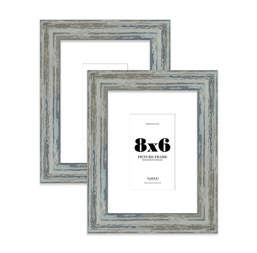 8x6" Distressed Blue Picture Frame with 5x3" Mount - Reclaimed Wood Style Photo Frame with Distressed Finish, Wall Hooks and Kickstand, 32mm Edge - 2 Pack โ image 1