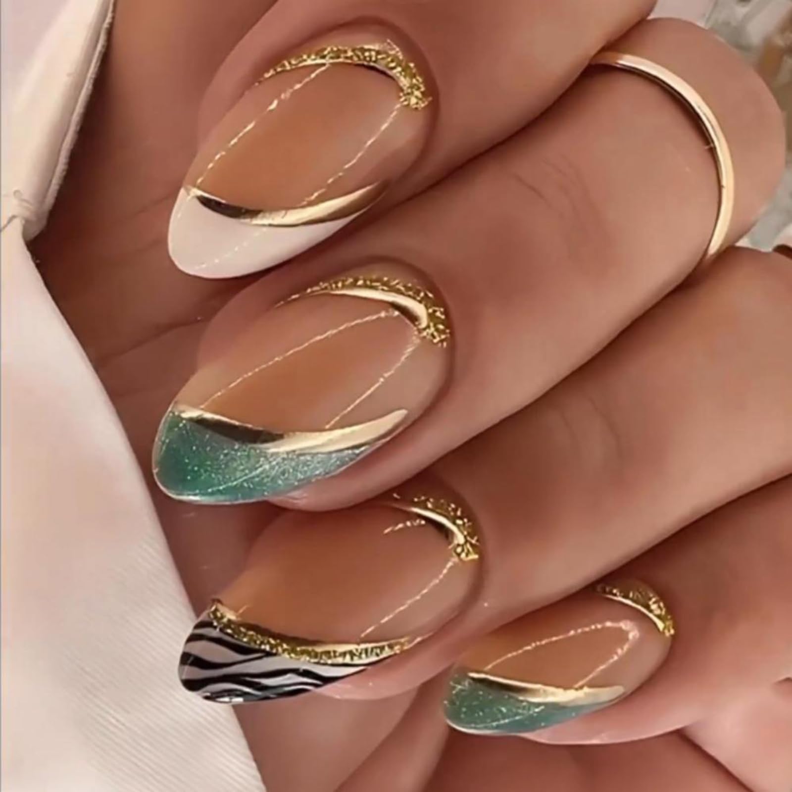 Photo 1 of **3 PACKS OF DIFFERENT NAILS**French Tip Press on Nails Medium Almond Fake Nails Glossy Glue on Nails with Gold Line Glitters Designs Zebra Print Green Nail Tips False Nails Acrylic Artificial Nails Stick on Nails for Women Girls