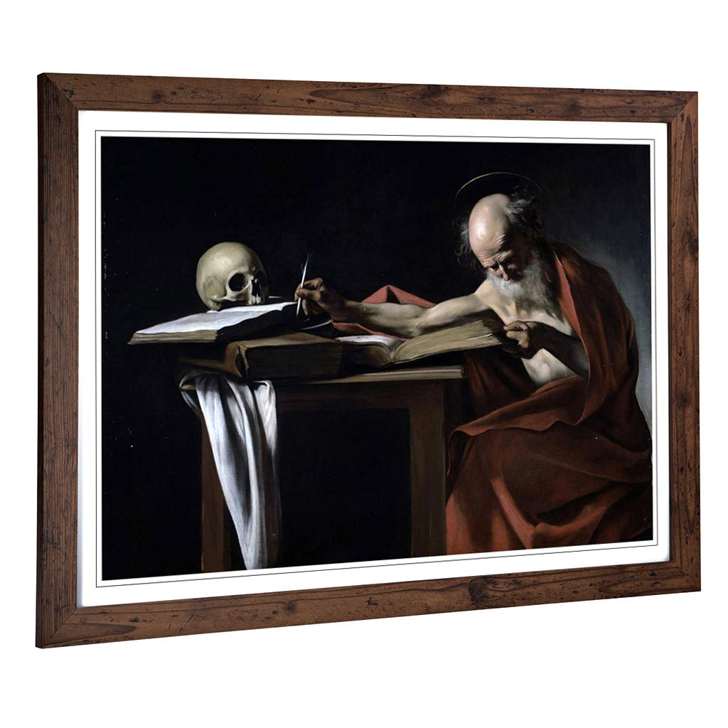 Big Box Art Framed Print of Michelangelo Caravaggio Saint Gerome Writing Design | Wall Art Picture | Home Decor for Kitchen, Living Room, Bedroom, Hallway, Walnut, A2 / 24.5x18 Inch / 62x45cm