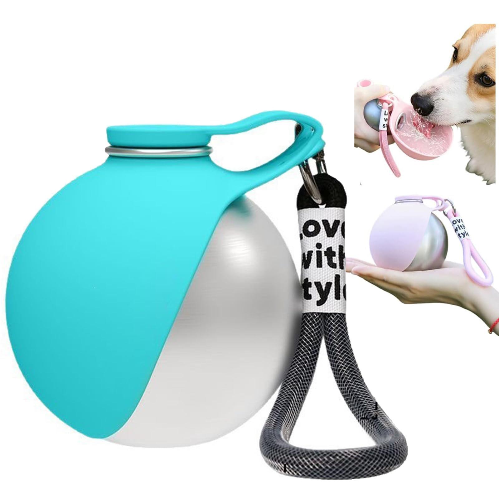 10oz Stainless Steel Dog Water Bottle with Silicone Leaf Bowl, 2-in-1 Leak Proof Portable Dog Travel Water Dispenser, 304 Food Grade Hydration Flask for Small Medium Puppies (Blue)