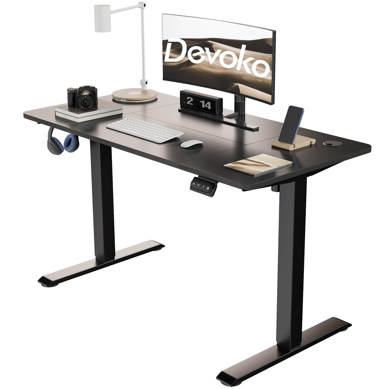 Devoko Escritorio Elevable Eléctrico 120 x 60cm,Escritorio Regulable en Altura con Gancho, 71-119 cm, 2 Opciones de Memoria Inteligente, Adecuado para Estudiar Trabajar（Negro）