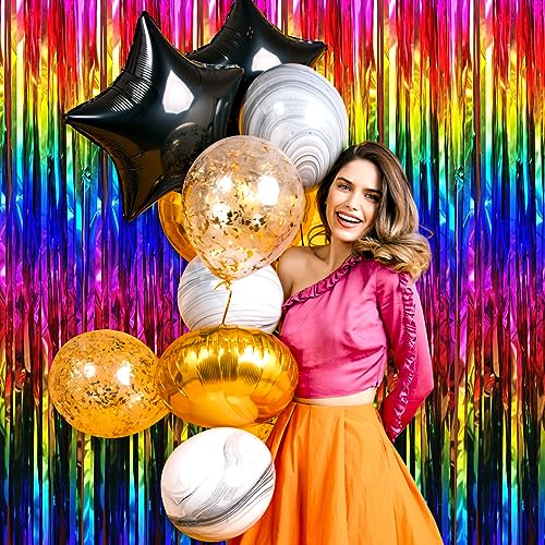 Image of 6 Pack Rainbow Foil Fringe Curtain Backdrop, 3.28Ft x 8.2Ft Metallic Tinsel Foil Fringe Streamer Curtains for Photo Booth, Christmas Day, Thanksgiving, Wedding, New Year Party Decorations