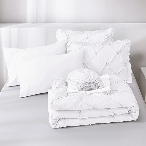 Miniatura 4 de JOLLYVOGUE Juego de edredón tamaño King de 7 piezas, juego de edredón blanco en una bolsa para dormitorio, juegos de ropa de cama con edredón,