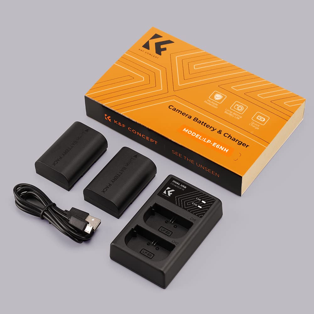 K&F CONCEPT LP-E6NH 2250mAh Batteria di Ricambio con Kit Caricabatterie USB Dual-Slot, Compatibile con Canon EOS 90D, 80D, 70D, 5D Mark II III IV, 5DS SR, 6D, 6D Mark II (2 pezzi)