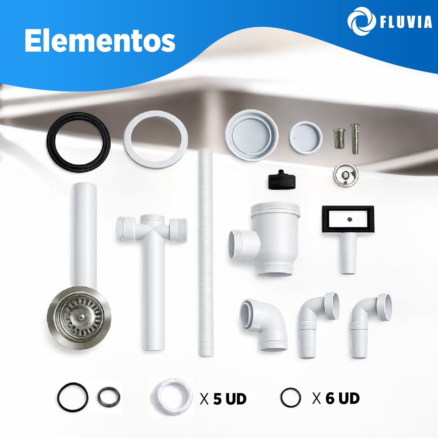 Sifón Fregadero Ahorro de Espacio Ø115 mm con Válvula Cesta Metálica para Cocina Desagüe Compacto Tipo Botella 1 172 x 40 mm Ideal para Muebles con Cajones Instalación Fácil FLUVIA
