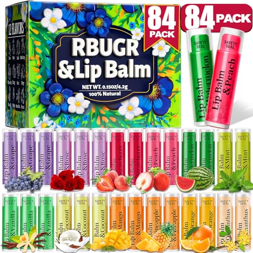 RBUGR 84 Pack Lip Balms - 12 Flavors Natural Organic Vitamin E Moisturising Balm for Dry Cracked...