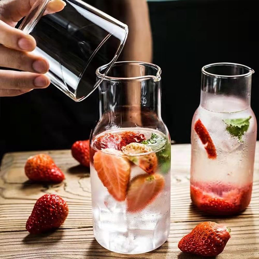 Jarra de Agua Jarra de agua con taza de vidrio Botella de agua fría y caliente Juegos de tazas Jarra de agua for mesita de noche Hervidor de bebidas resistente a altas temperaturas Jarra de Té Helado(