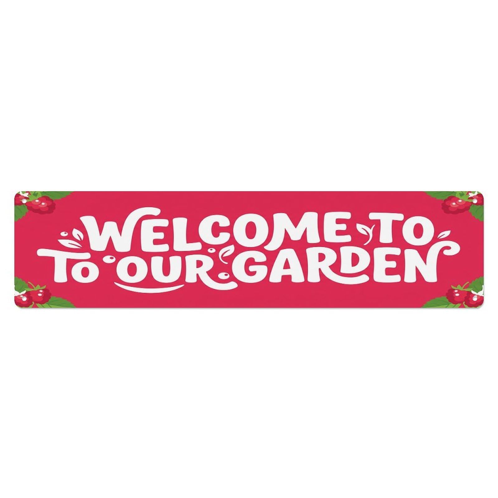 Vintage Welcome to Our Garden Raspberry Pink Metal Tin Sign