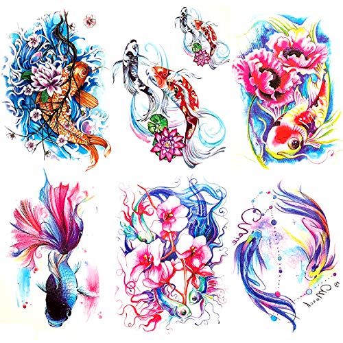 Oottati 6 Sheets Large Arm Watercolor Fish Pisces Lotus Koi Carp Blue Pink Flower Goldfish Temporary Tattoo Stickers