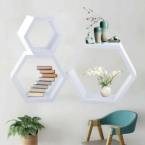 Miniatura 2 de CNCEST Estantes flotantes con forma hexagonal de 3 piezas, soporte de exhibición de decoración de forma hexagonal, estantes de pared de madera