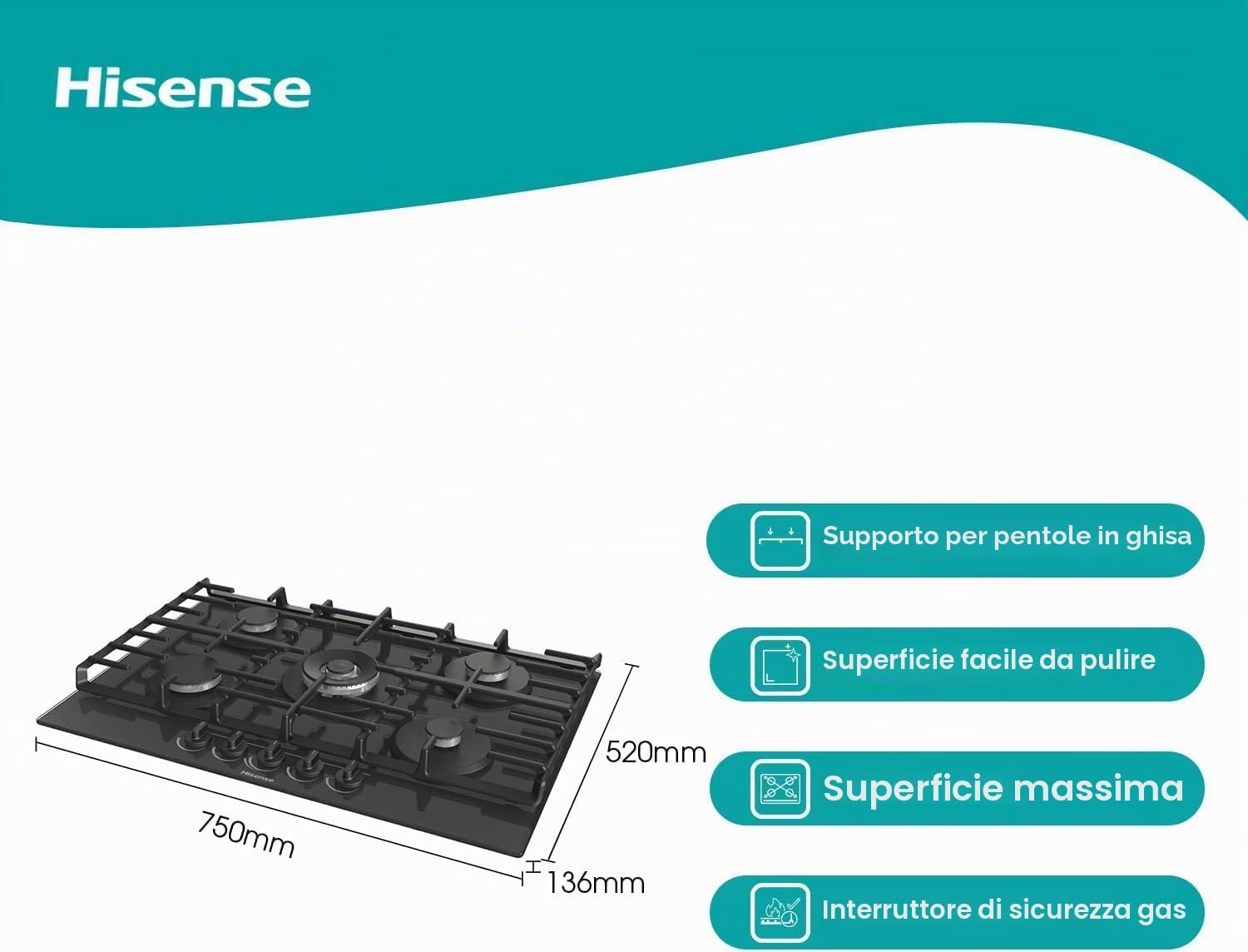 Hisense GG773B 75cm 5 fuochi built-in piano cottura a gas Finitura Vetro Temperato, Nero